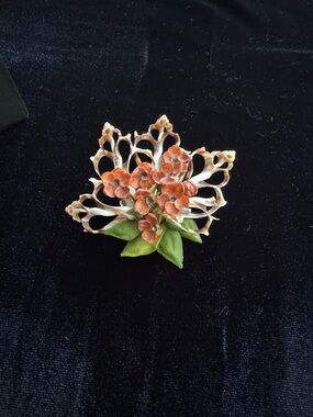 Vintage-Inspired Coral Flower and Green Leaf Brooch